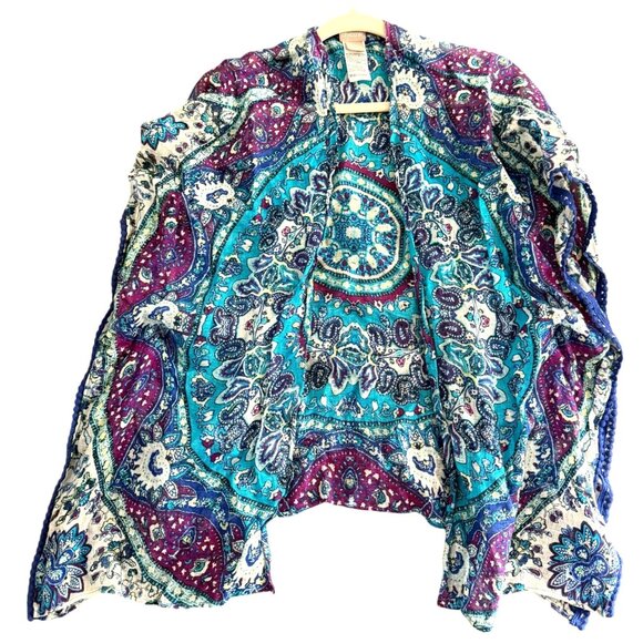 Chicos 100% Linen Medallion Print Ruana Wrap Kimono Top Women Small Blue Boho - Picture 1 of 7